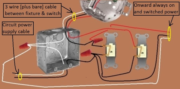 Fan / Light Combination Fixture Wiring - Switched Separately - Power at Switch - Extension - Onward 'Always On' and  'Switched' Power controlled by light Switch