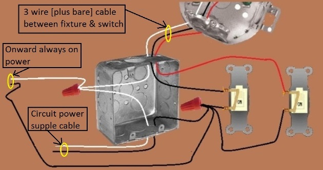 Fan / Light Combination Fixture Wiring - Switched Separately - Power at Switch - Extension - Onward 'Always On' Power from Switch Box 