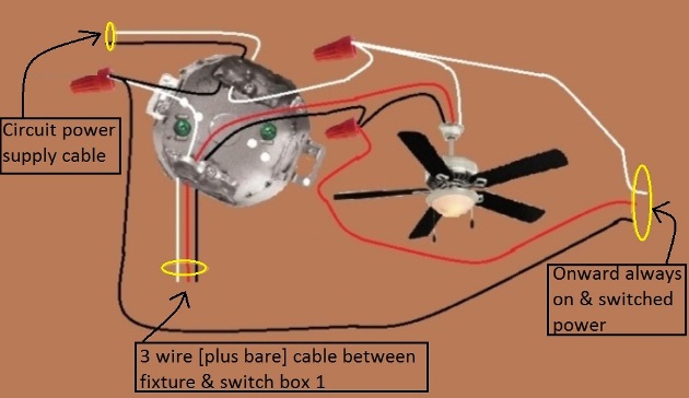 Fan / Light Combination Fixture Switch Circuits - Switched Separately - Power at Fixture  - Light controlled by 3 way switches / Fan at one location only - Fan / Light Combination Fixture Switch Circuits - Switched Separately - Power at Fixture  - Light controlled by 3 way switches / Fan at one location only - Extension  - Onward 'Always On and Switched{Light}' Power from Fixture