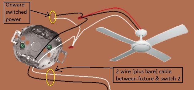 Fan / Light Combination Fixture Wiring - Switched  Together - 3 way switches, power source at one switch / fixture feed from other switch - Extension - Onward 'Switched' Power from Fixture