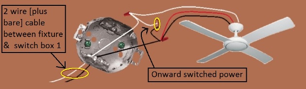 Fan Light Combination Switch Wiring - Fan Light  Switched together - 3 way switches power source and fan/light combo power feed from same switch box - Extension - Onward 'Switched' Power from Fixture