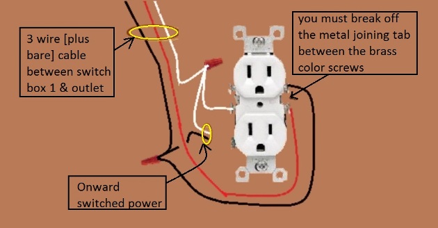 Outlet, Half Switched Circuit Wiring - Power Source at Switch with 3 Way Switches - Extension -  Onward 'Switched' Power from Outlet