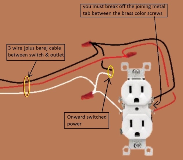 Outlet, Half Switched Circuit Wiring - Power at Switch - Extension - Onward 'Switched' Power from Outlet