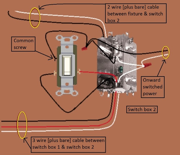 Fan / Light Combination Fixture Wiring - Switched  Together - 3 way switches, power source at one switch / fixture feed from other switch - Extension - Onward 'Switched' Power from Switch 2