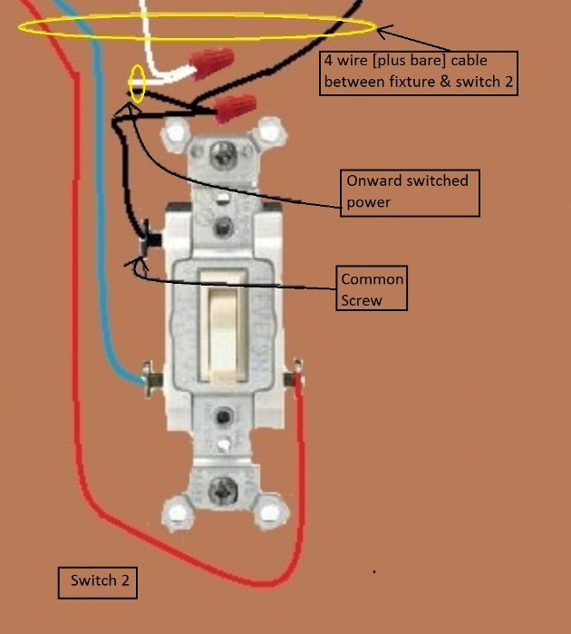 Fan / Light Combination Fixture Wiring - Switched Together - 3 way switches, power at fixture, 3 wire (plus ground) cable being routed thru the ceiling box between switches - Extension - Onward 'Switched' Power from Switch 2