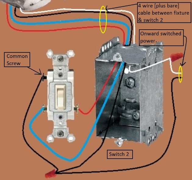 Fan / Light Combination Fixture Wiring - Switched Together -  3 way switches, power at switch, 3 wire (plus ground) cable being routed thru the ceiling box onward to other switch - Extension - Onward 'Switched' Power from Switch 2