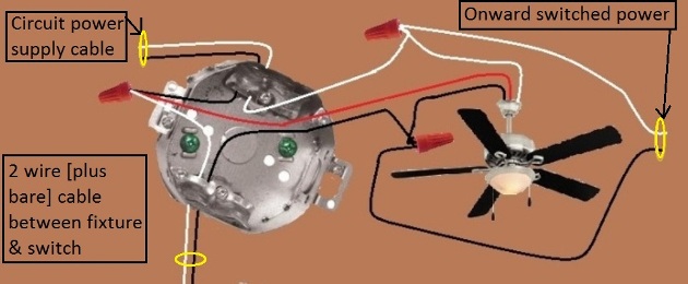 Fan / Light Combination Fixture Switch Circuits - Fan Always Hot / Light Switched - Power Source at Fixture - Extension - Onward 'Switched' Power from Light at Fixture