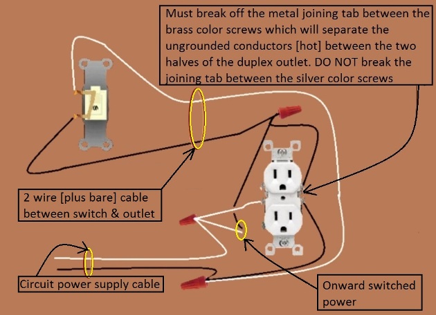 Outlet, Half Switched Circuit Wiring - Power at Outlet - Onward 'Switched' Power from Outlet