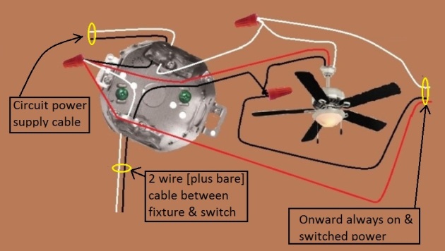 Fan / Light Combination Fixture Switch Circuits - Fan Always Hot / Light Switched - Power Source at Fixture - Extension - Onward 'Always On' and 'Switched' Power from  Light at Fixture