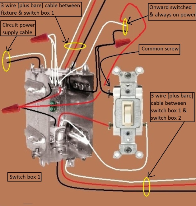 Fan / Light Combination Fixture Switch Circuits - Fan Always Hot / Light Switched - Power Source & Fixture feed at Same Switch , two 3-way Switches required - Extension - Onward 'Always On and Switched' Power from Switch 1