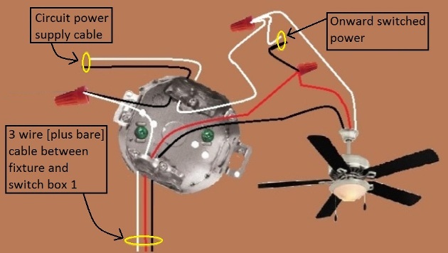 Fan / Light Combination Fixture Switch Circuits - Switched Separately - Power at Fixture  - Light controlled by 3 way switches / Fan at one location only - Fan / Light Combination Fixture Switch Circuits - Switched Separately - Power at Fixture  - Light controlled by 3 way switches / Fan at one location only - Extension  - Onward 'Switched' Power [Fan] from Fixture