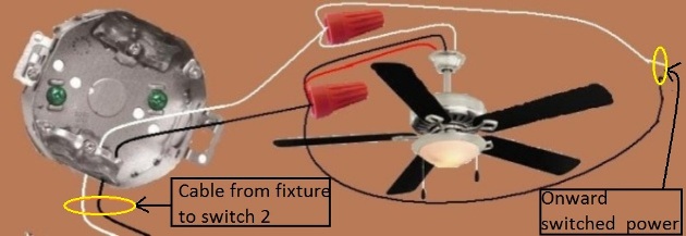 2011 NEC Compliant - Fan / Light Combination Fixture Wiring - Switched Together - 3 way switches, power source at one switch / fixture feed from other switch - Extension - Onward 'Switched' Power from Fixture