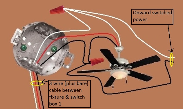 Fan / Light Combination Fixture Switch Circuits - Fan Always Hot / Light Switched - Power Source & Fixture feed at Same Switch , two 3-way Switches required - Extension - Onward 'Switched' Power from Fixture