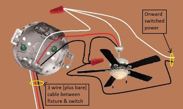 Fan / Light Combination Fixture Switch Circuits - Fan Always Hot / Light Switched - Power Source at Switch - Extension - Onward 'Switched' Power from Fixture