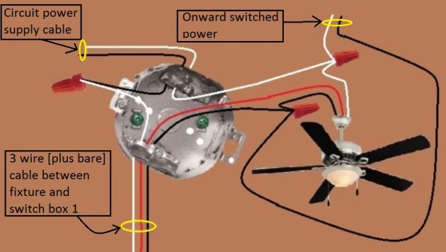 Fan / Light Combination Fixture Switch Circuits - Switched Separately - Power at Fixture  - Light controlled by 3 way switches / Fan at one location only - Fan / Light Combination Fixture Switch Circuits - Switched Separately - Power at Fixture  - Light controlled by 3 way switches / Fan at one location only - Extension  - Onward 'Switched' Power [light] from Fixture
