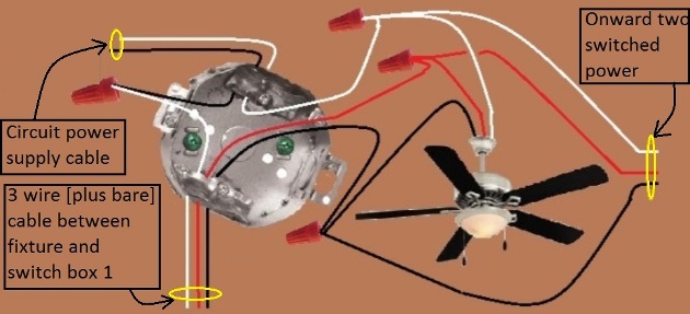 Fan / Light Combination Fixture Switch Circuits - Switched Separately - Power at Fixture  - Light controlled by 3 way switches / Fan at one location only - Fan / Light Combination Fixture Switch Circuits - Switched Separately - Power at Fixture  - Light controlled by 3 way switches / Fan at one location only - Extension  - Onward 'Always On and  Two Switched{Fan and Light}' Power from Fixture