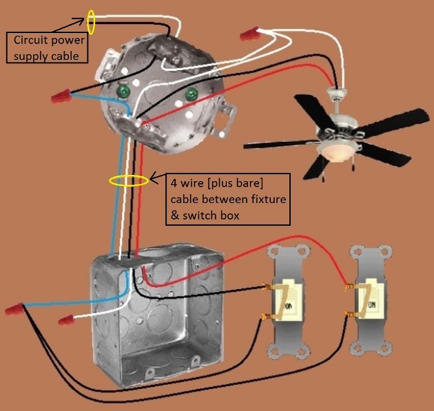 2011 NEC Compliant  - Fan / Light Combination Fixture Switch Circuits -  Switched Separately - Power at Fixture