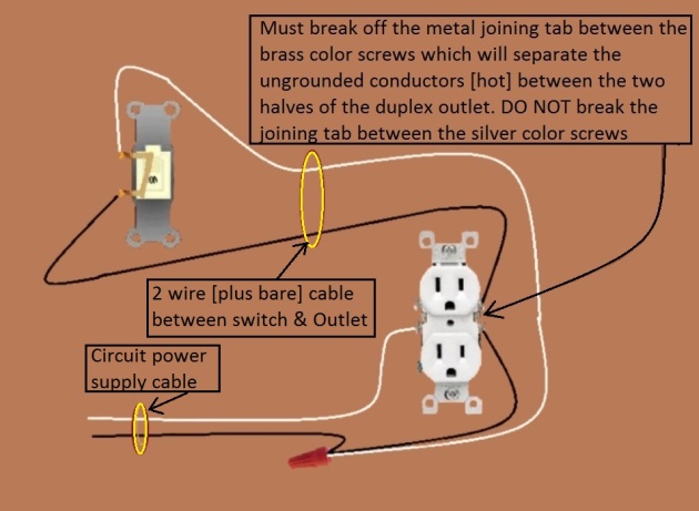 Outlet, Half Switched Circuit Wiring - Power at Outlet