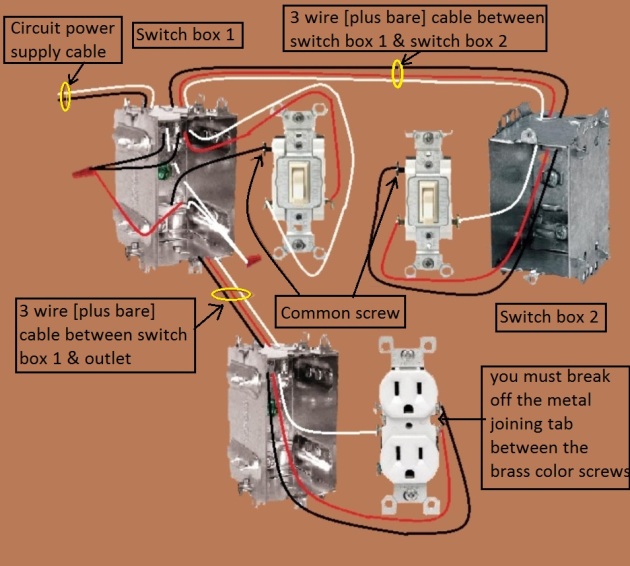 Outlet, Half Switched Circuit Wiring - Power Source at Switch with 3 Way Switches