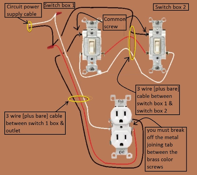 Outlet, Half Switched Circuit Wiring - Power Source at Switch with 3 Way Switches