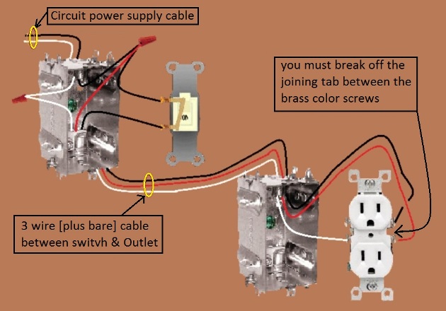 Outlet, Half Switched Circuit Wiring - Power at Switch