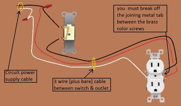 Outlet, Half Switched Circuit Wiring - Power at Switch