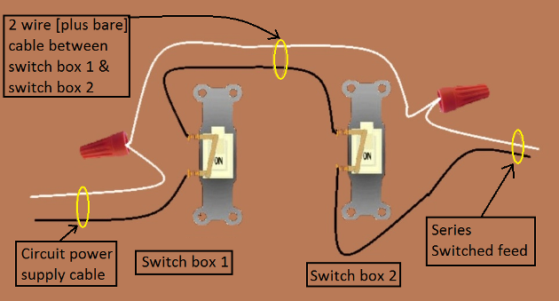 Series Switch Circuit Wiring - Power Source and Switched Feed at Different Switch