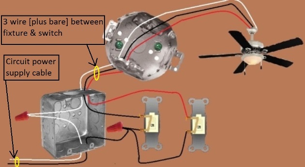 Fan / Light Combination Fixture Wiring - Switched Separately - Power at Switch